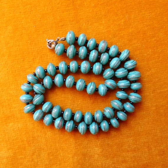 Vintage Venetian Glass Bead Necklace, Turquoise Aventurine Collar