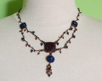 Les Neréides cameo necklace/Vintage French costume jewellery/Cameo necklace/Charm necklace/Blue cameos & bead collar/Bronze and blue beads