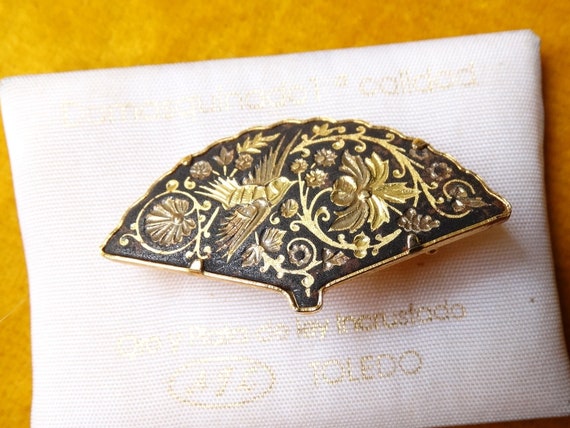 Vintage Damascene brooch/Floral bird brooch/Fan s… - image 1
