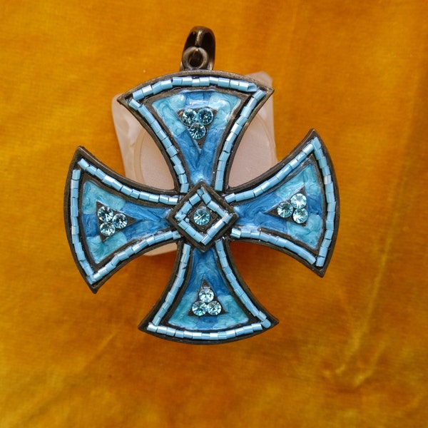 Blue enamel cross pendant/Large cross/Decorated blue enamel cross Patty/Cross Pattée Alisée in blue/Bead & rhinestone decorated enamel cross