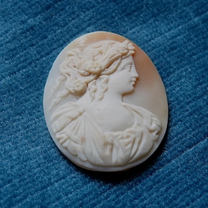 Pode incluir: Pingente de camafeu oval com um perfil feminino clássico esculpido em concha creme. O cabelo da mulher é estilizado com cachos intrincados e uma coroa de flores. O fundo é de cor pêssego claro, sobre uma superfície azul texturizada.