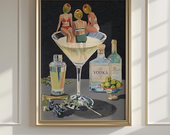 Vintage Dirty Martini Bar Print in Dark and Moody - Retro Cocktail Wall Art for Home & Bar Kitchen Decor
