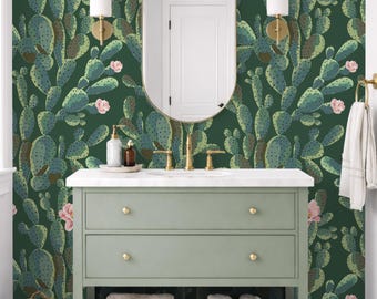 Cactus Wallpaper, Green Southwestern Peel and Stick Wallpaper, Desert Botanical Wallpaper, Western Wall Decor, Removable Wallpaper