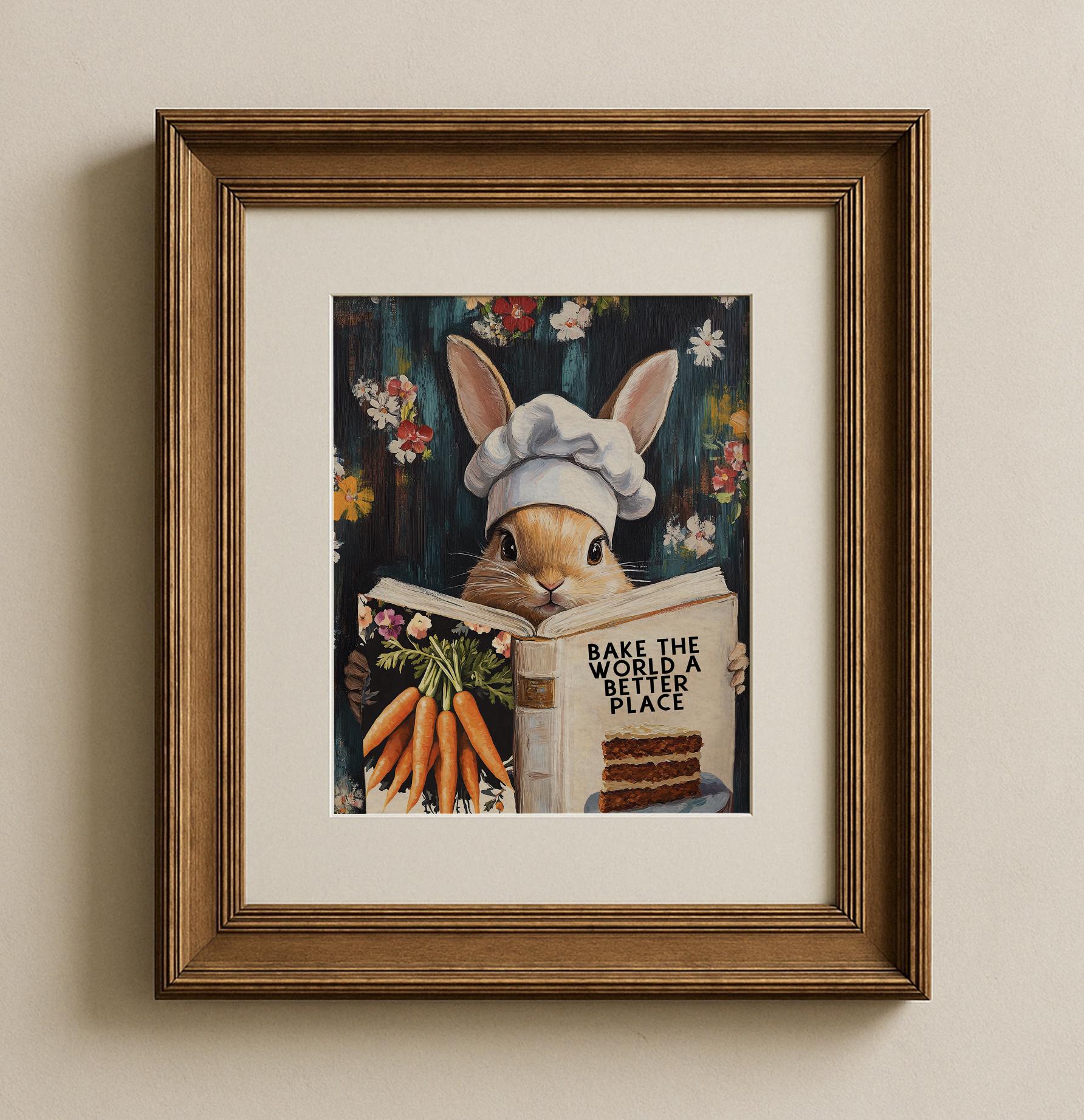 Whimsical Rabbit Reading “bake the World a Better Place” – Funny ...