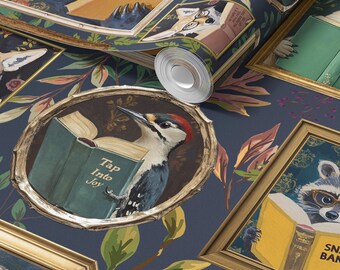 Woodland Animals Reading Wallpaper in NAVY blue - Peel and Stick or Traditional