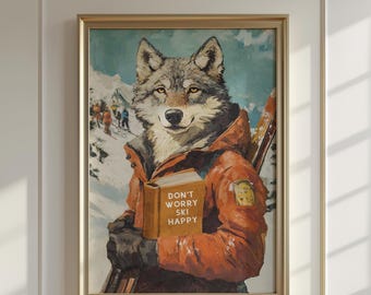 Wolf Skiing Art Print | Funny Alpine Lodge Wall Decor Cabin Mountain Winter Poster