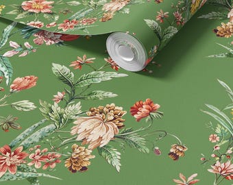 Ornamental Floral Motif Wallpaper GREEN - Peel and Stick or Traditional