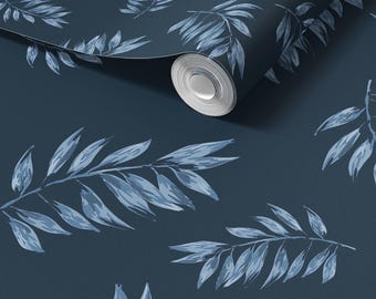 Navy Palm Leaf Tropical Botanical Coastal Wallpaper