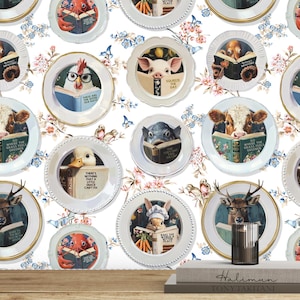 Animal Reading Kitchen Wallpaper Floral  - Peel and Stick Mural