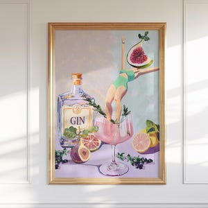 Elegancki koktajl Fig Rosemary Art Print | Estetyczna dekoracja ścienna do baru | Prezent miksologiczny | Elegancki plakat z drinkiem