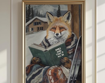 Fox Reading Ski Art Print | Motivational Winter Lodge Wall Decor Cabin Mountain Alpine Gift