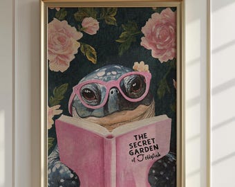 Leatherback Sea Turtle Reading Secret Garden Poster - Funny Animal Beach House Wall Art Coastal Ocean Decor