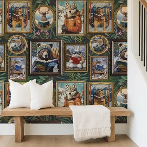 Animals Reading Ski Lodge Version Wallpaper - Green - Peel and Stick or Traditional