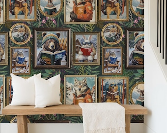Animals Reading Ski Lodge Version Wallpaper - Green - Peel and Stick or Traditional