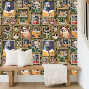 May include: Wallpaper with framed animal portraits reading books. Animals include a tiger, dog, cat, elephant, monkey, and pigeon. The background is dark green with gold accents. A wooden bench with white cushions and a cream throw is in front of the wallpaper.