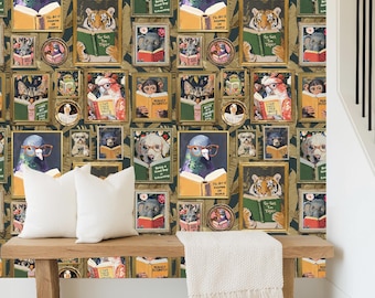 BLUE Whimsical Animal Reading Wallpaper VERSION 2 - Peel and Stick Mural for Bathroom, Office, Playroom Decor
