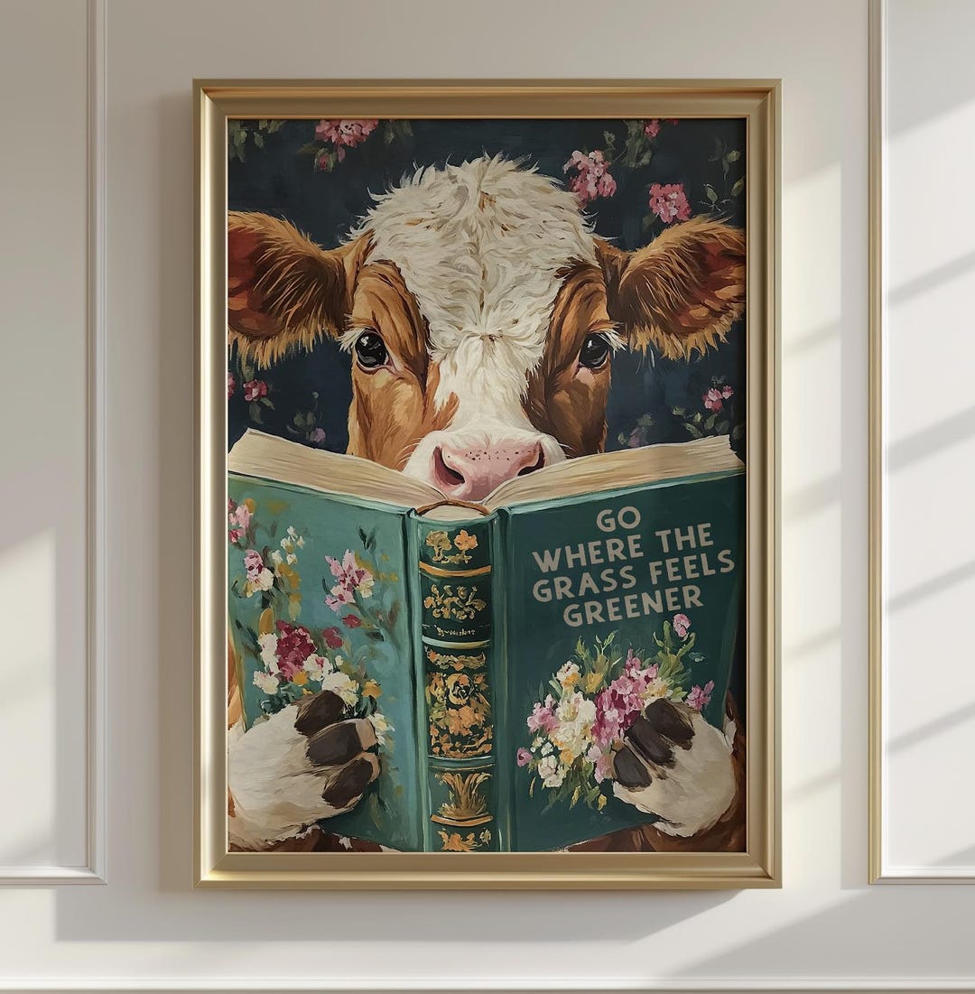 Whimsical Cow Reading Book – Funny Farm Kitchen Wall Art - Rustic Decor ...