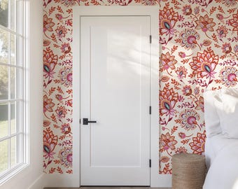 Bohemian Whimsy Floral Linen Cream Preppy Wallpaper - Peel and Stick or Traditional