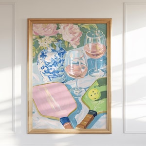 Elegant Pickleball & Rose Art Print: Palm Beach Chinoiserie Decor for Preppy Bar or Lounge