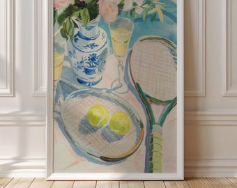 Whimsical Chinoiserie Tennis & Cocktails Art Print - Preppy Sports Bar Cart Wall Decor