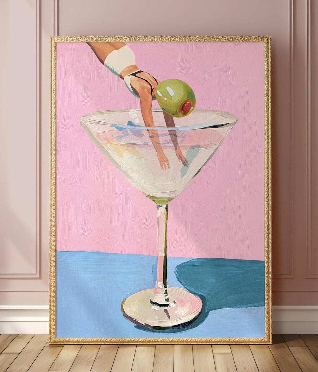 Whimsical Martini Olive Girl Dive Large Art Print - 24x36 / 20x30