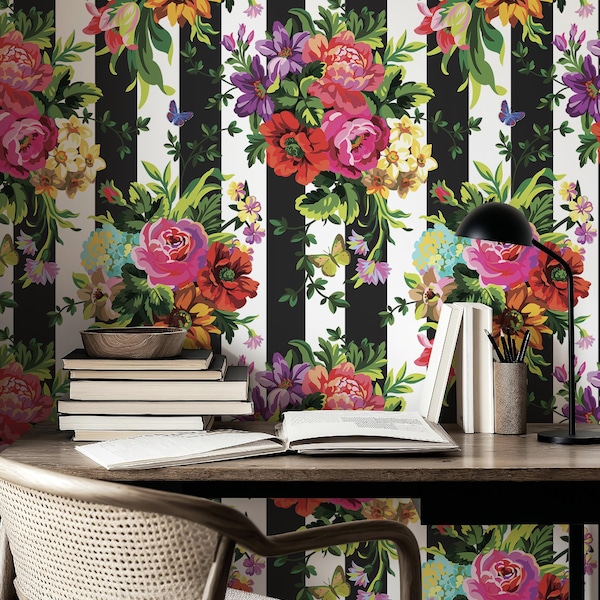 Vibrant Floral Pop Art Wallpaper: Black & White Flower Print - Peel and Stick or Traditional