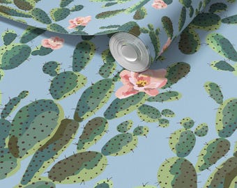 Cactus Wallpaper, Blue Southwestern Peel and Stick Wallpaper, Desert Botanical Wallpaper, Western Wall Decor, Removable Wallpaper