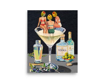 Impression vintage de bar à martini sale dans des tons sombres et de mauvaise humeur - Art mural cocktail rétro pour la maison et la décoration de cuisine de bar