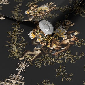 May include: Black wallpaper with a repeating pattern of monkeys, some using phones, smoking, and drinking. The monkeys are set against gold floral designs and chandeliers. The wallpaper is in a roll.