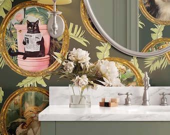 Whimsical Tropical Cat Bathroom Wallpaper - Removable, Peel and Stick, or Traditional Options
