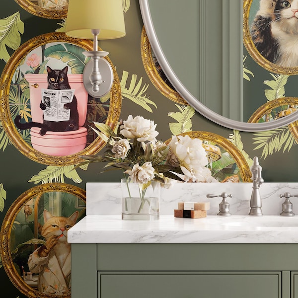 Whimsical Tropical Cat Bathroom Wallpaper - Removable, Peel and Stick, or Traditional Options