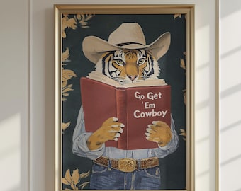 Go Get Em Cowboy Motivational Tiger Reading Print - Humorous Bookworm Wall Art for Library Office Study Decor
