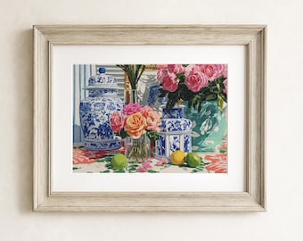 Grandmillennial Floral Wall Art Vintage Jar Print Preppy Kitchen Decor Cottagecore Maximalist Chinoiserie Style Still Life