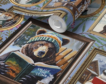 Animals Reading Ski Lodge Version Wallpaper - Blue - Peel and Stick or Traditional