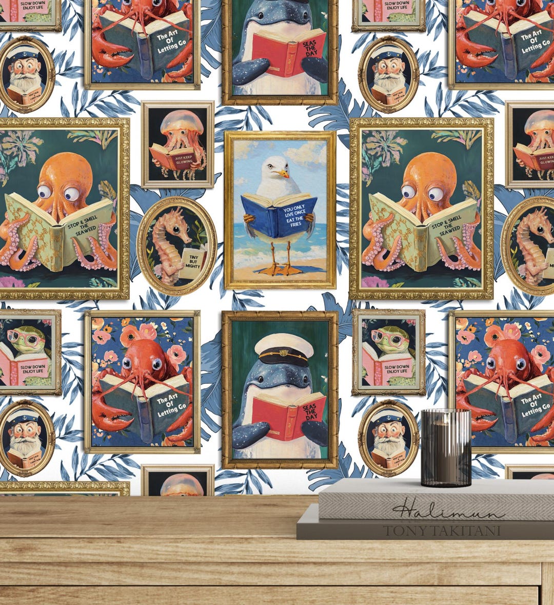 Whimsy Reading Whimsical Animals Reading Wallpaper - Coastal Beach Version - Peel ...