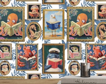 Whimsical Animals Reading Wallpaper - Coastal Beach Version - Peel & Stick or Non-Pasted