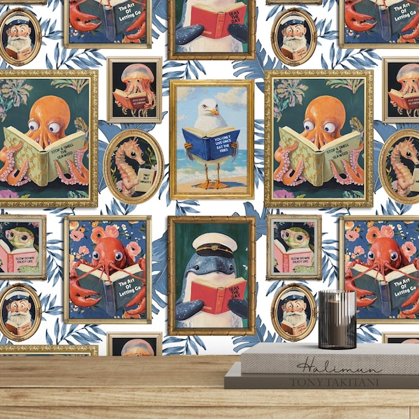Whimsical Animals Reading Wallpaper - Coastal Beach Version - Peel & Stick or Non-Pasted