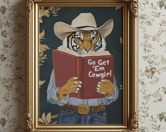 Go Get Em Cowgirl Motivational Tiger Reading Print - Humorous Bookworm Wall Art for Library Office Study Decor