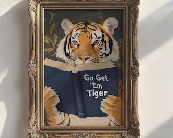 Motivational Tiger Reading Print in Blue: Humorous Bookworm Wall Art for Library, Office, or Study Decor