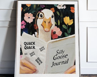 May include: A white goose wearing a monocle and reading a book titled "Silly Goose Journal". The book has the word "Quack" printed on it multiple times. The goose is surrounded by colorful flowers.