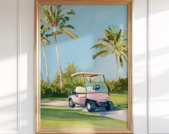 Golfwagen Kunstdruck: Palm Beach Chinoiserie Wanddekoration für Country Club & Bar Cart Ästhetik