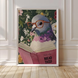 Stampa artistica di un piccione eccentrico che legge - Decorazione umoristica per cucina e bagno, poster di animali alla moda