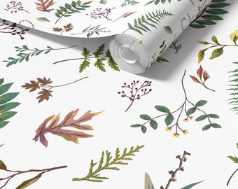Botanical Leaves Cabin in the Woods Wallpaper in White, Rustic Cabin Decor, Forest Leaves - Peel and Stick or Traditional
