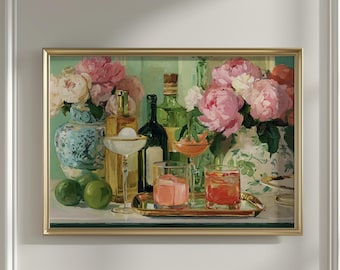 Grandmillennial Floral Bar Cart Wall Art Vintage Vase Print Preppy Cocktail Decor Maximalist Kitchen Chinoiserie Style