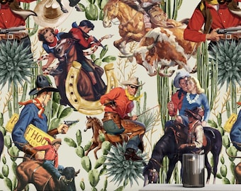Western Cowboy Wallpaper, Ivory Peel and Stick Wallpaper, Vintage Ranch Wallpaper, Cowgirl Decor, Removable Wallpaper