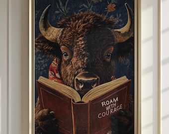 Bison Reading Book Wall Art | Whimsical Buffalo Print | Roam With Courage | Western Decor Gift for Book Lovers