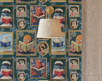 Whimsical Animals Reading Wallpaper - TEAL Coastal Beach Version - Peel & Stick or Non-Pasted