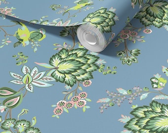 Bohemian Blue Vine Wallpaper - Removable Peel and Stick or Traditional Botanical Wall Decor
