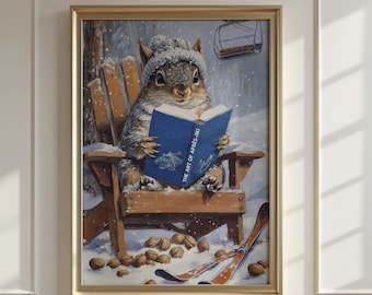 Squirrel Apres-Ski Art Print | Funny Alpine Lodge Cabin Wall Decor | Winter Mountain Animal Skiing Gift