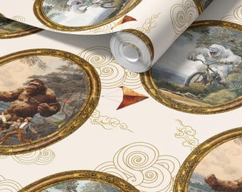 Fun Fantasy Snow Monster Bigfoot Creatures Ivory Wallpaper - Peel Stick Traditional Yeti Kids Nursery Decor